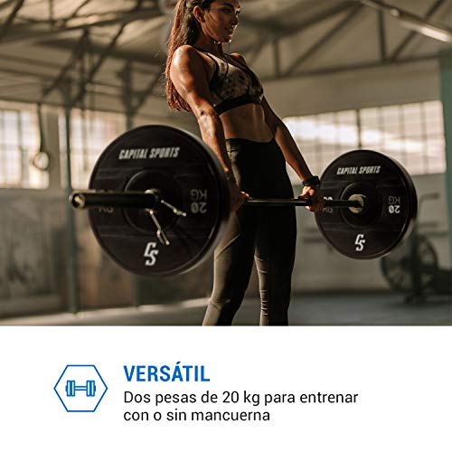 Capital Sports Elongate 2020 - Discos de Peso para Pesas, Material de Caucho endurecido, Resistente a los Golpes, Abertura de 50,4 mm con Anillo Interior de Acero, 2 Discos x 20 kg, Negro