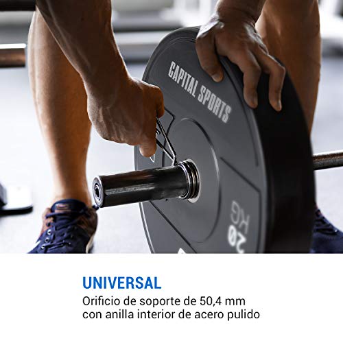 Capital Sports Elongate 2020 - Discos de Peso para Pesas, Material de Caucho endurecido, Resistente a los Golpes, Abertura de 50,4 mm con Anillo Interior de Acero, 2 Discos x 20 kg, Negro