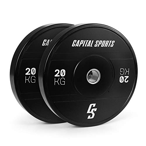 Capital Sports Elongate 2020 - Discos de Peso para Pesas, Material de Caucho endurecido, Resistente a los Golpes, Abertura de 50,4 mm con Anillo Interior de Acero, 2 Discos x 20 kg, Negro