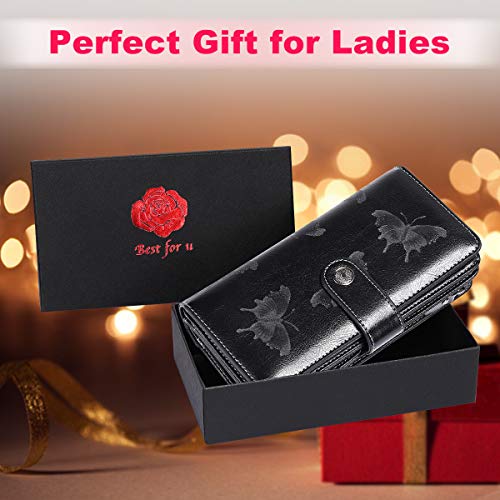 Cartera Cuero Mujer Bloqueo RFID Monedero Piel Mujer Grande con Muchos Bolsillos, Billetera Larga Mujer con Cremallera 26 Ranuras para Tarjetas, Carteras de Piel para Dama XXL (Mariposa Negro)