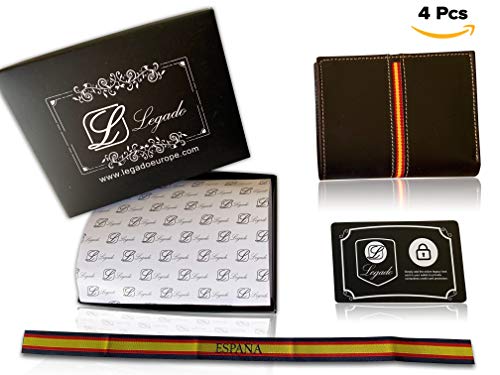 Cartera Hombre Piel Bandera Legado Vox II Marrón con Monedero para Monedas, Billetera Capacidad Varios Billetes de Cuero Regalo de Pulsera Bandera España y Tarjeta Proteccion RFID (Vertical)