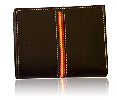 Cartera Hombre Piel Bandera Legado Vox II Marrón con Monedero para Monedas, Billetera Capacidad Varios Billetes de Cuero Regalo de Pulsera Bandera España y Tarjeta Proteccion RFID (Vertical)