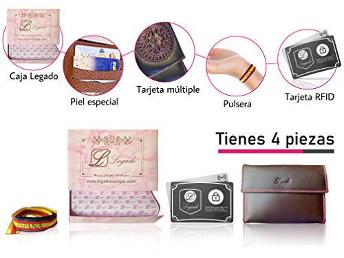 Cartera Mujer Monedero de Mujer Billetero Piel LEGADO Rosa Fuxia señora Cuero Grande Gran Capacidad Hecho en Ubrique España Regalo Pulsera Bandera ESPAÑA y Tarjeta Proteccion RFID (PEQUEÑA)