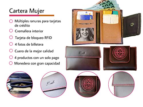 Cartera Mujer Monedero de Mujer Billetero Piel LEGADO Rosa Fuxia señora Cuero Grande Gran Capacidad Hecho en Ubrique España Regalo Pulsera Bandera ESPAÑA y Tarjeta Proteccion RFID (PEQUEÑA)