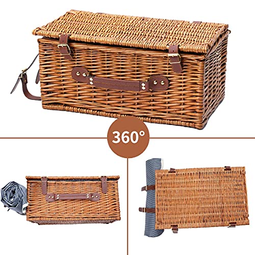 Cesta de picnic aislante|Cesta de mimbre para 4 personas|incluídos Cubiertos de Acero Inoxidable, Nevera, Vasos de Vino y Platos de Cerámica para Camping, Senderismo, Viajes, Actividades al Aire Libre