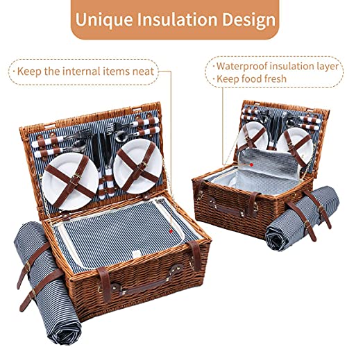 Cesta de picnic aislante|Cesta de mimbre para 4 personas|incluídos Cubiertos de Acero Inoxidable, Nevera, Vasos de Vino y Platos de Cerámica para Camping, Senderismo, Viajes, Actividades al Aire Libre