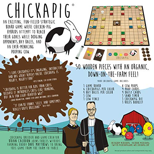 Chickapig Board Game - A Strategic Board Game Where Chicken-Pig Hybrids Attempt to Reach Their Goal While Dodging Opponents, Hay Bales, and an Ever-Menacing Pooping Cow.