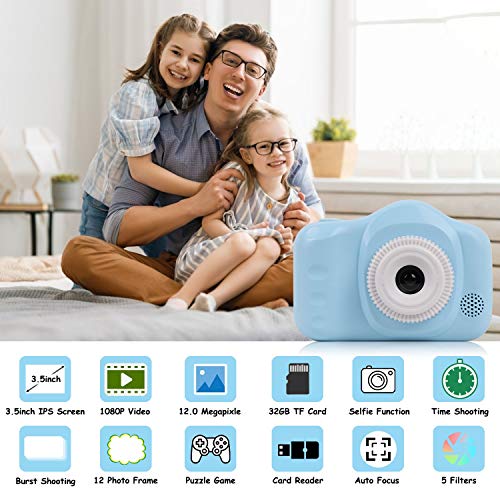 CKATE Cámara para Niños Juguetes Cámara Digital para Selfies de Doble Lente para Niños de 3 a 10 Años Pantalla a Color de 3,5 Pulgadas 1080FHD con Tarjeta SD de 32 GB, Regalos para Niños Y niñas Azul