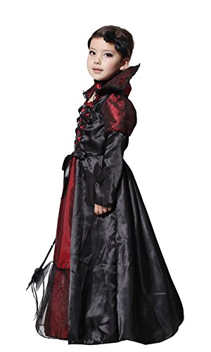 Cloudkids Disfraz Vampiresa de Niña 7-9 Años, Halloween Disfraz de Vampiro Niña Chica, Talla L, Color Rojo y Negro