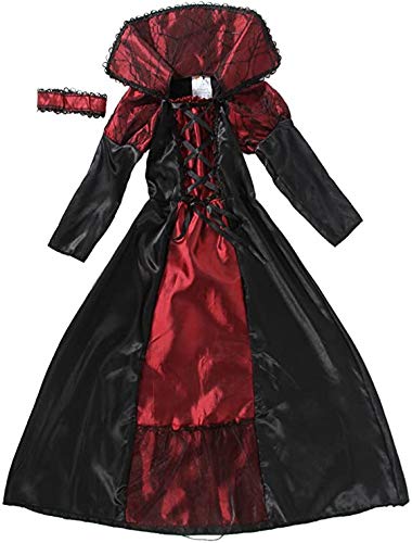 Cloudkids Disfraz Vampiresa de Niña 7-9 Años, Halloween Disfraz de Vampiro Niña Chica, Talla L, Color Rojo y Negro