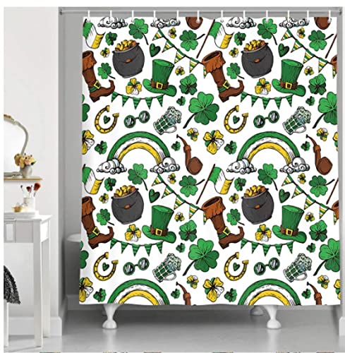 Clover Shower Curtain, Cute Irish Party Gold Coin GNOME Hat in Retro Shamrock Leaf