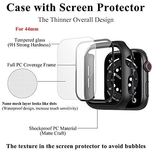 Compatible con Apple Watch 44mm Serie 6/SE/5/4 Funda+Cristal Templado, Qianyou PC Case y Vidrio Protector de Pantalla Integrados, Slim Cover de Bumper y Protector Pantalla (Negro)