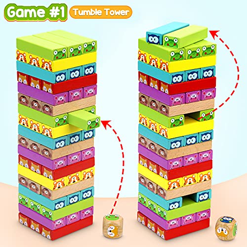 COOJOMMY 4 en 1 Torre de Bloques Infantil, Torre de Bloques Madera con Colores y Animales, Jenga para Niños con 54 Bloques, 24 Cartas y 2 Dados, Juegos de Mesa Familiar