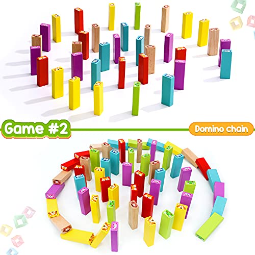 COOJOMMY 4 en 1 Torre de Bloques Infantil, Torre de Bloques Madera con Colores y Animales, Jenga para Niños con 54 Bloques, 24 Cartas y 2 Dados, Juegos de Mesa Familiar