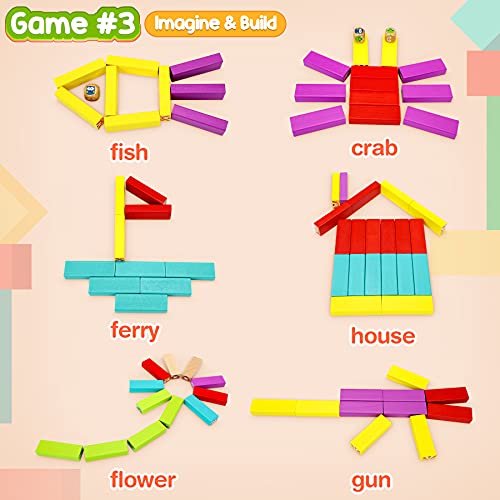 COOJOMMY 4 en 1 Torre de Bloques Infantil, Torre de Bloques Madera con Colores y Animales, Jenga para Niños con 54 Bloques, 24 Cartas y 2 Dados, Juegos de Mesa Familiar