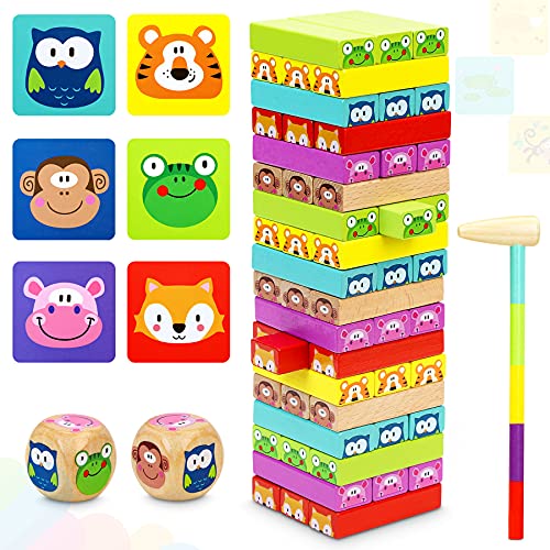 COOJOMMY 4 en 1 Torre de Bloques Infantil, Torre de Bloques Madera con Colores y Animales, Jenga para Niños con 54 Bloques, 24 Cartas y 2 Dados, Juegos de Mesa Familiar