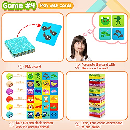 COOJOMMY 4 en 1 Torre de Bloques Infantil, Torre de Bloques Madera con Colores y Animales, Jenga para Niños con 54 Bloques, 24 Cartas y 2 Dados, Juegos de Mesa Familiar