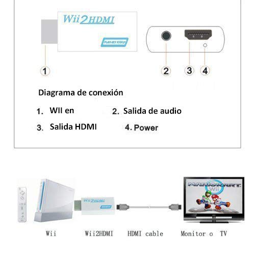 COOLEAD Convertidor Wii a HDMI Adaptador Wii2HDMI Converter Wii to HDMI Conector con Cable HDMI con Salida de Video Full HD 1080p 720p y Audio de 3.5mm para Wii U Wii Smart HDTV Monitor Proyector
