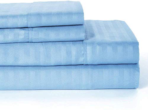 Cotton Bed Sheet Set 4 PCs, 100% Long Staple Egyptian Cotton, 450 Thread Count, 40 CM Deep Pocket of Fitted Sheet, Bedding Set, Soft Sateen Bed Sheets Set -Light Blue Stripe UK King Size
