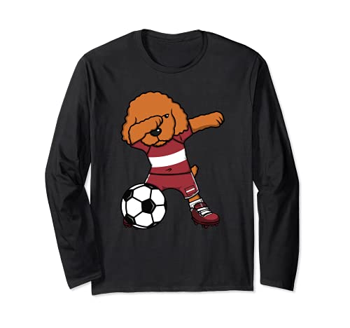 Dabbing Caniche Perro Letonia Fútbol Bandera Letona Deporte Manga Larga