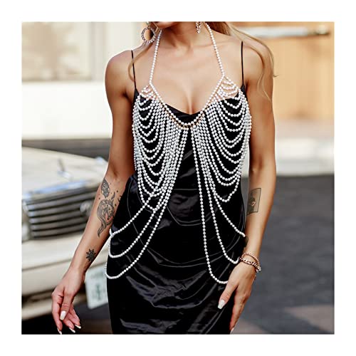 Ddcjc Halter Ajustable Pearl Top Cuerpo Cadena Collares de Hombro de Mujer Sujetador Joyería de Cadena Sexy Vestido de Novia Accesorios (Metal Color : Rust Red)