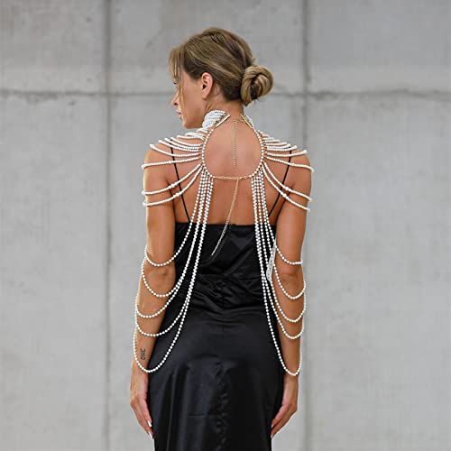 Ddcjc Mujeres Pearl Shawl Collares Cadena Corporal Sexy Cuello de Cuentas Hombro Pearl Sujetador Top Suéter Cadena Vestido de Novia Joyería del Cuerpo (Metal Color : Rust Red)