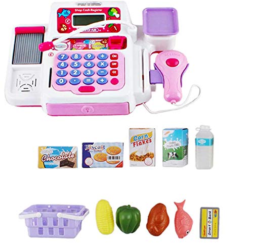 deAO Caja Registradora Electrónica de Juguete con Escáner, Micrófono, Cinta y Lector de Tarjetas Conjunto de Accesorios de Tienda y Supermercado Infantil Incluye Alimentos de Juguete (Rosa)
