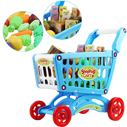 deAO Carrito de la Compra Infantil Incluye Variedad de 78 Productos de Mercado y Comestibles para Niños y Niñas (Azul)