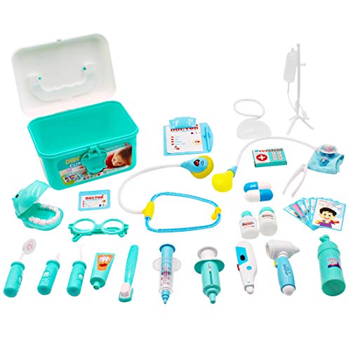 deAO Maletín de Doctor y Dentista Conjunto 2en1 Doctor y Enfermería Clínica Dental Juego para Niños y Niñas Incluye 17 Accesorios Luces y Sonidos Juegos de Imitación (Azul)