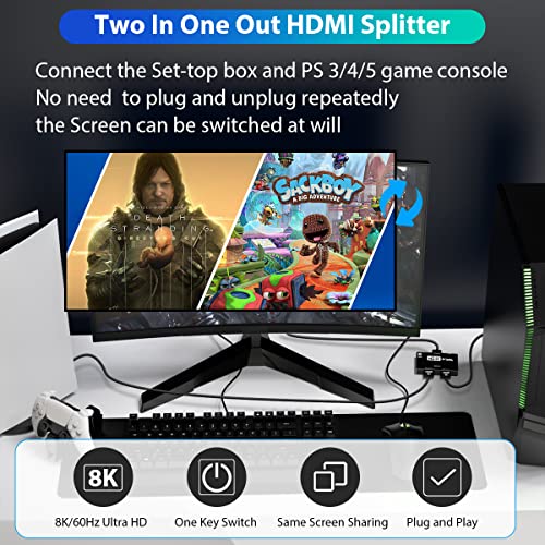 Divisor HDMI 2.1 8K 2 en 1 salida direccional HDMI Switch 8K @ 60Hz 4K @ 120Hz Splitter 48Gbps rápida Transmisión Convertidor Compatible con Xbox PS4/5 Proyectores Monitor