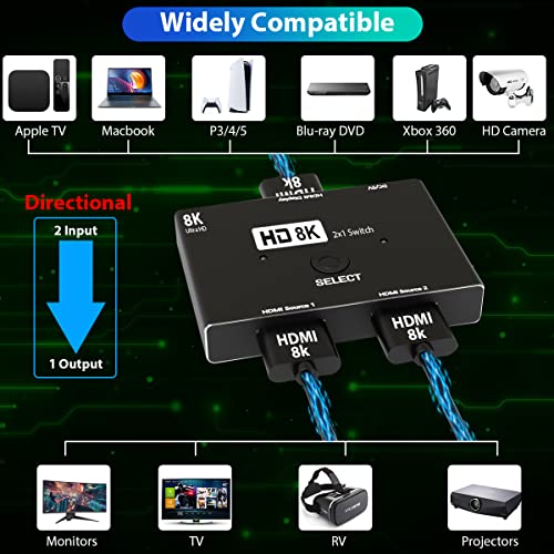 Divisor HDMI 2.1 8K 2 en 1 salida direccional HDMI Switch 8K @ 60Hz 4K @ 120Hz Splitter 48Gbps rápida Transmisión Convertidor Compatible con Xbox PS4/5 Proyectores Monitor