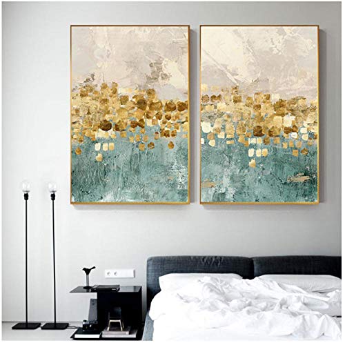 DLFALG Arte abstracto Golden Coins Star Dreamly Poster Green Canvas Painting para sala de estar Decoración del hogar Moda Arte de la pared Sin marco- 40x50cmx2 sin marco