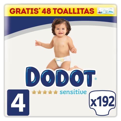 Dodot Pañales Bebé Sensitive Talla 4 (9-14 kg), 192 Pañales, Óptima Protección de la Piel de Dodot, Pack Mensual