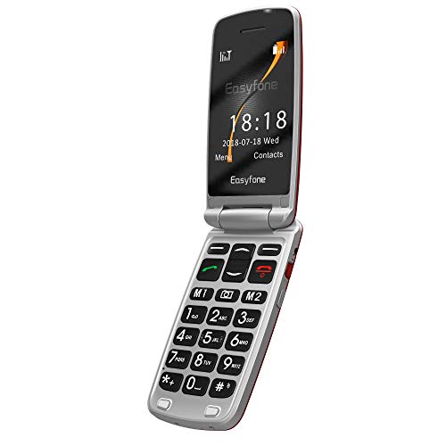 Easyfone Prime-A1 gsm Teléfono Móvil para Mayores con Tapa y Teclas Grandes, Audífonos Compatibles, SOS Botones, Cámara de 2.0MP, Fácil de Usar para Ancianos con Base de Carga (Rojo)
