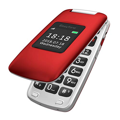 Easyfone Prime-A1 gsm Teléfono Móvil para Mayores con Tapa y Teclas Grandes, Audífonos Compatibles, SOS Botones, Cámara de 2.0MP, Fácil de Usar para Ancianos con Base de Carga (Rojo)