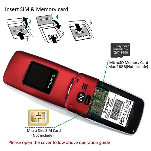 Easyfone Prime-A1 gsm Teléfono Móvil para Mayores con Tapa y Teclas Grandes, Audífonos Compatibles, SOS Botones, Cámara de 2.0MP, Fácil de Usar para Ancianos con Base de Carga (Rojo)