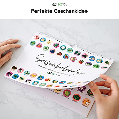 EcoYou Calendario temporal para frutas y verduras DIN A4, diseño colorido ilustrado, calendario de pared para colgar, fabricado en Alemania