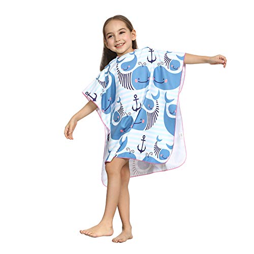 ED-Lumos Toalla de baño con Capucha para niño niña Poncho Playa Infantil Microfibra Albornoz 4-7 años Ballena Azul