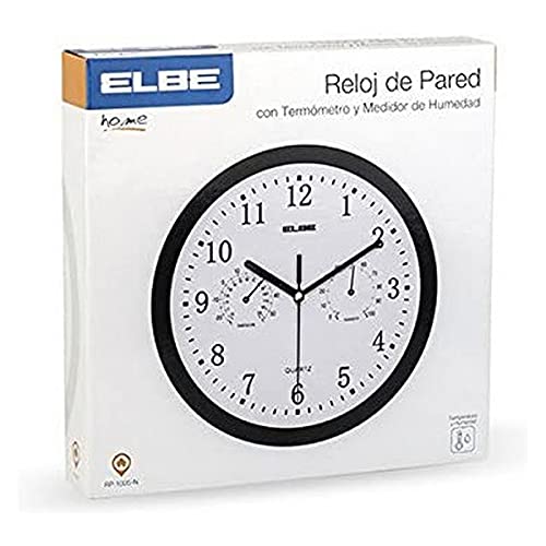 ELBE RP-1005-N Reloj de Pared con termómetro e higrómetro, Mide Temperatura y Humedad, 25 cm diámetro, Panel Blanco Marco Negro, Funciona con Pilas