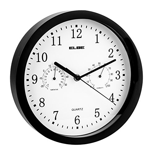 ELBE RP-1005-N Reloj de Pared con termómetro e higrómetro, Mide Temperatura y Humedad, 25 cm diámetro, Panel Blanco Marco Negro, Funciona con Pilas