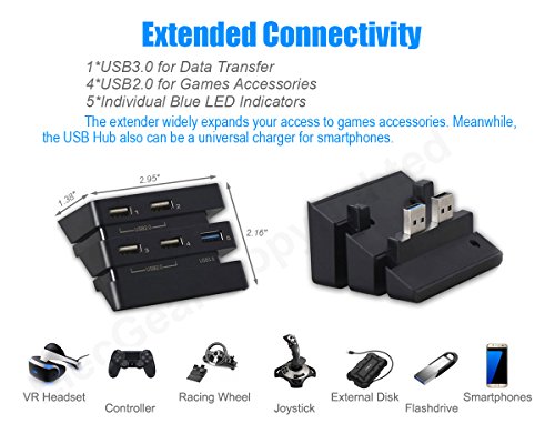 ElecGear PS4 Pro USB Hub 3.0, Puerto de Carga del divisor del Adaptador de Extensión USB (1x USB3.0 y 4x USB2.0) con LED para PlayStation 4 Pro CUH-7xxx