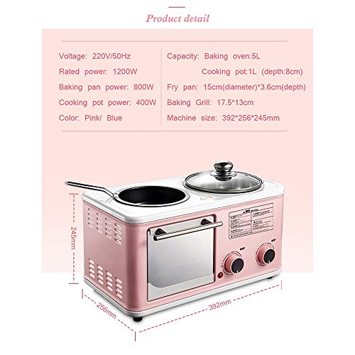 Electric 3 in 1 home breakfast machine mini bread 5L toaster oven omelette pan frying pan hot pot boiler food steamer (PINK)