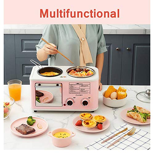 Electric 3 in 1 home breakfast machine mini bread 5L toaster oven omelette pan frying pan hot pot boiler food steamer (PINK)