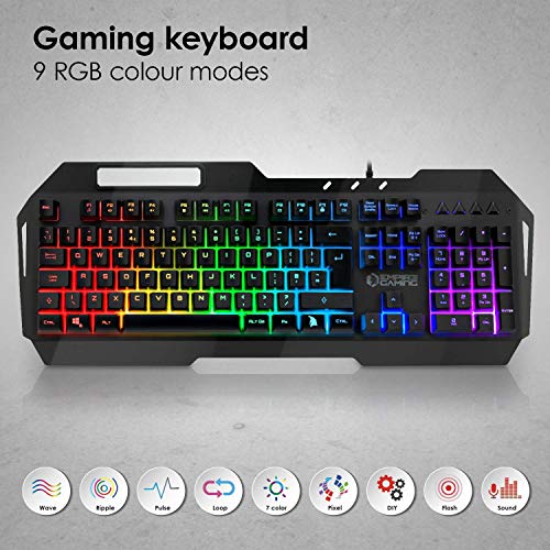 EMPIRE GAMING - Drak Fury Gamer Keyboard and Mouse Pack – Smartphone Holder - 19 Anti-Ghosting keys – 12 Multimedia shortcuts - 7 3200 DPI buttons– 11 LED RGB back lighting modes – Wired USB