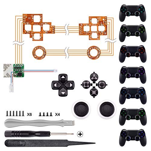 eXtremeRate Botones para PS4 Joysticks Botones de acción dirección Luminoso Teclas de reemplazo 7 Colores 9 Modos Control táctil con símbolos clásicos para PlayStaion 4 Mando Slim Pro