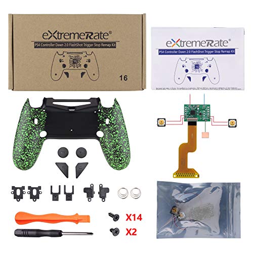 eXtremeRate Dawn 2.0 FlashShot con Remap Kit para PS4 Control CUH-ZCT2,Board de Actuelización&Carcasa Trasera&2 Botones Traseros&2 Gatillos Bloqueos para PS4 Mando JDM 040/050/055(Salpicaduras Verdes)