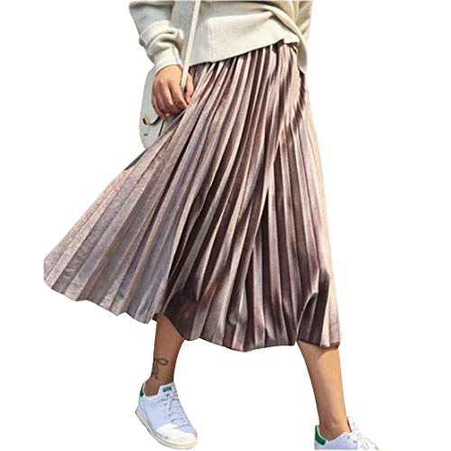 Falda de Terciopelo Metálico para Mujer, Falda Midi Plisada de Acordeón de Cintura Alta (Rosa, Un tamaño)