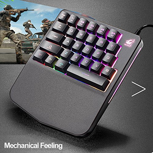 FELiCON Teclado para Juegos con Una Sola Mano K11 con Cable, 28 Teclas Rainbow con Retroiluminación LED, Teclado Mecánico Ergonómico USB con Reposamuñecas para PC, Computadora Portátil