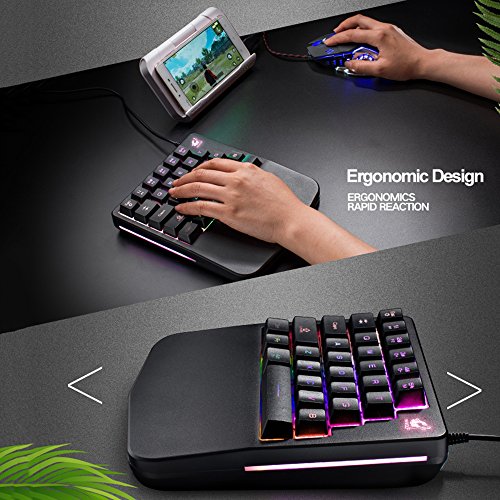 FELiCON Teclado para Juegos con Una Sola Mano K11 con Cable, 28 Teclas Rainbow con Retroiluminación LED, Teclado Mecánico Ergonómico USB con Reposamuñecas para PC, Computadora Portátil