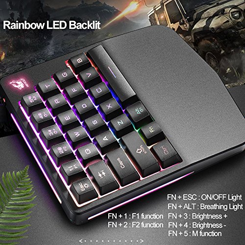 FELiCON Teclado para Juegos con Una Sola Mano K11 con Cable, 28 Teclas Rainbow con Retroiluminación LED, Teclado Mecánico Ergonómico USB con Reposamuñecas para PC, Computadora Portátil
